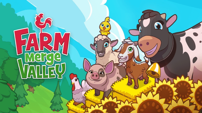 "Farm Merge Valley gameplay showing colorful crops, merging items, and an expanding farm."

